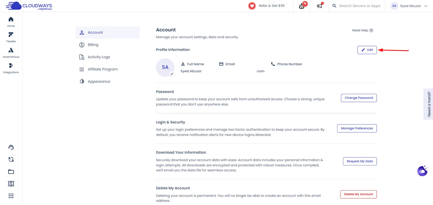Account页面:Profile Information、Password、Login & Security、Download Your Information、Delete My Account Cloudways账号管理:账号设置页功能说明,以及更换登录邮箱的步骤和限制(图 2)
