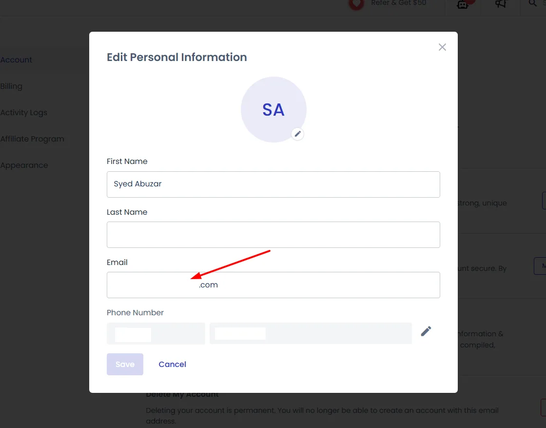 Edit Personal Information窗口:把Email一栏改成新邮箱,点击Save Cloudways账号管理:账号设置页功能说明,以及更换登录邮箱的步骤和限制(图 3)