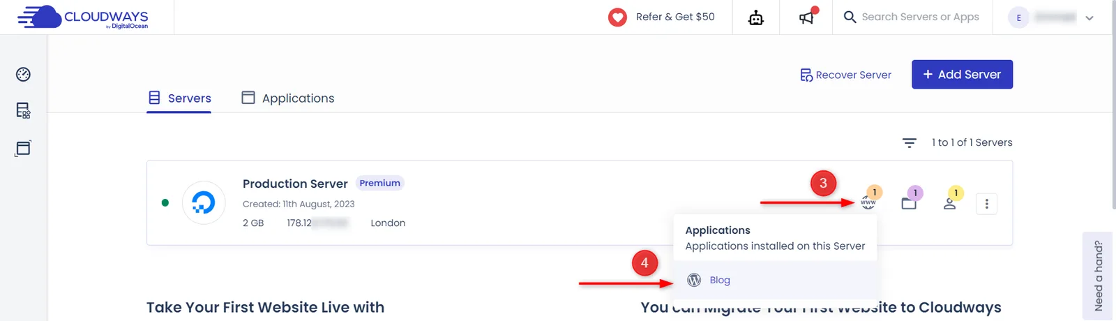 弹出的Applications列表,点击要克隆的网站(图中标注来自官方文档) Cloudways怎么克隆服务器和网站?换云厂商、降配、搬到另一台的步骤(图 5)