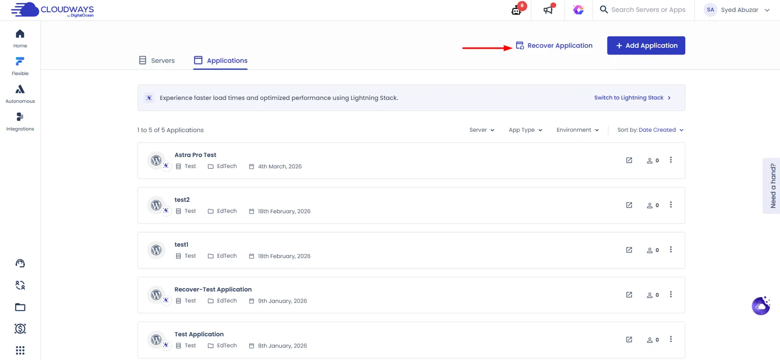 My Applications页面右上角的Recover Application入口(图中标注来自官方文档) Cloudways误删了网站或服务器怎么恢复?Recover Application和Recover Server步骤(图 1)