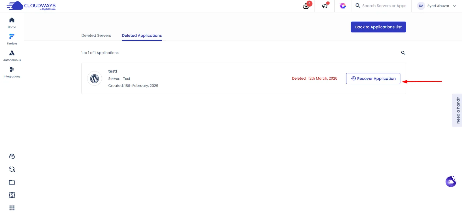 Deleted Applications列表,点击右侧的Recover Application(图中标注来自官方文档) Cloudways误删了网站或服务器怎么恢复?Recover Application和Recover Server步骤(图 2)
