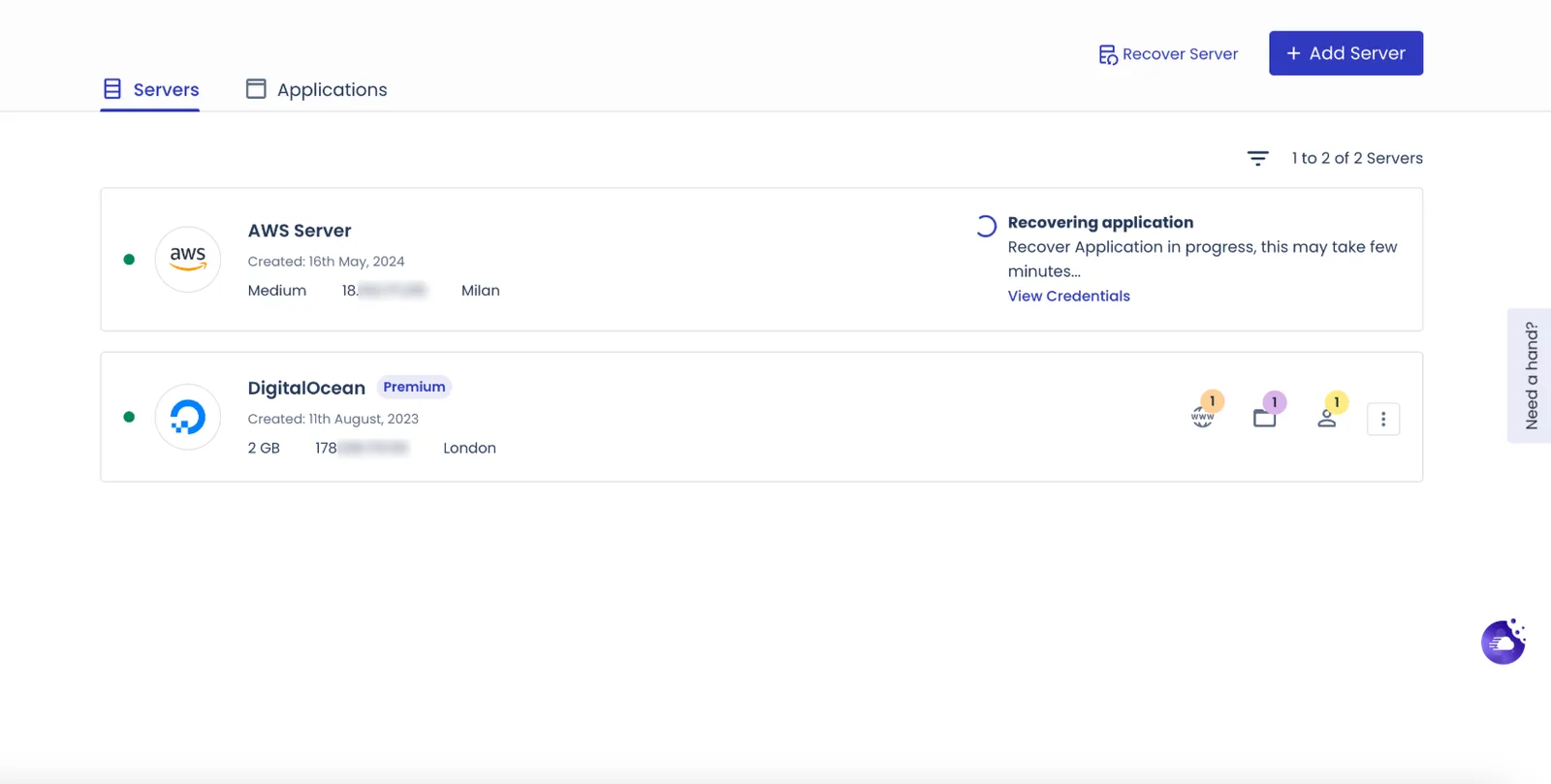 服务器页面显示Recovering application,恢复正在进行(图中标注来自官方文档) Cloudways误删了网站或服务器怎么恢复?Recover Application和Recover Server步骤(图 4)