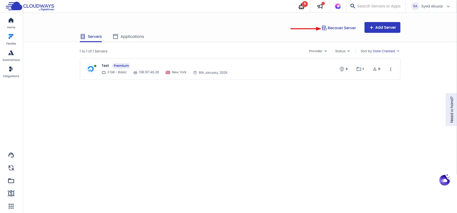 My Servers页面右上角的Recover Server入口(图中标注来自官方文档) Cloudways误删了网站或服务器怎么恢复?Recover Application和Recover Server步骤(图 5)
