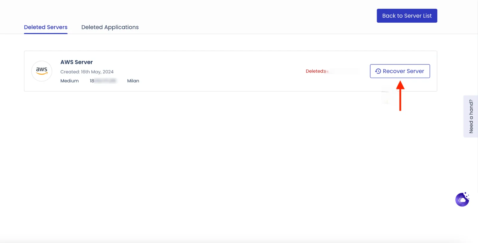 Deleted Servers列表,点击右侧的Recover Server(图中标注来自官方文档) Cloudways误删了网站或服务器怎么恢复?Recover Application和Recover Server步骤(图 6)