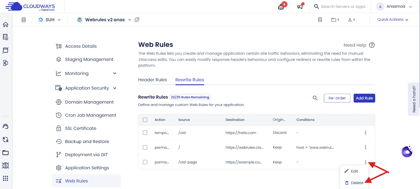 Rewrite Rules列表:中间一条就是带host条件的301跳转(图中标注来自官方文档) Cloudways怎么设置www和非www跳转?Web Rules和.htaccess两种方法(图 2)