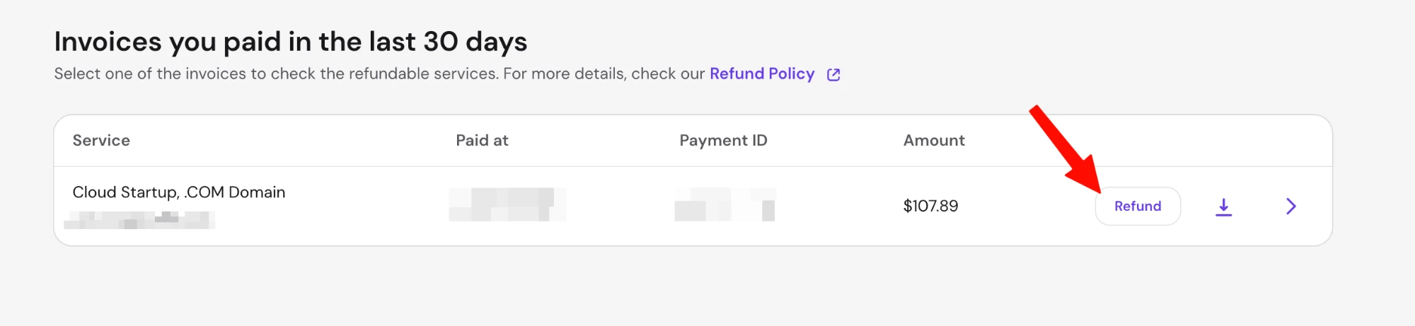 在Paid Invoice页面点击Refund Hostinger的Invoices you paid in the last 30 days页面,订单后面的Refund按钮