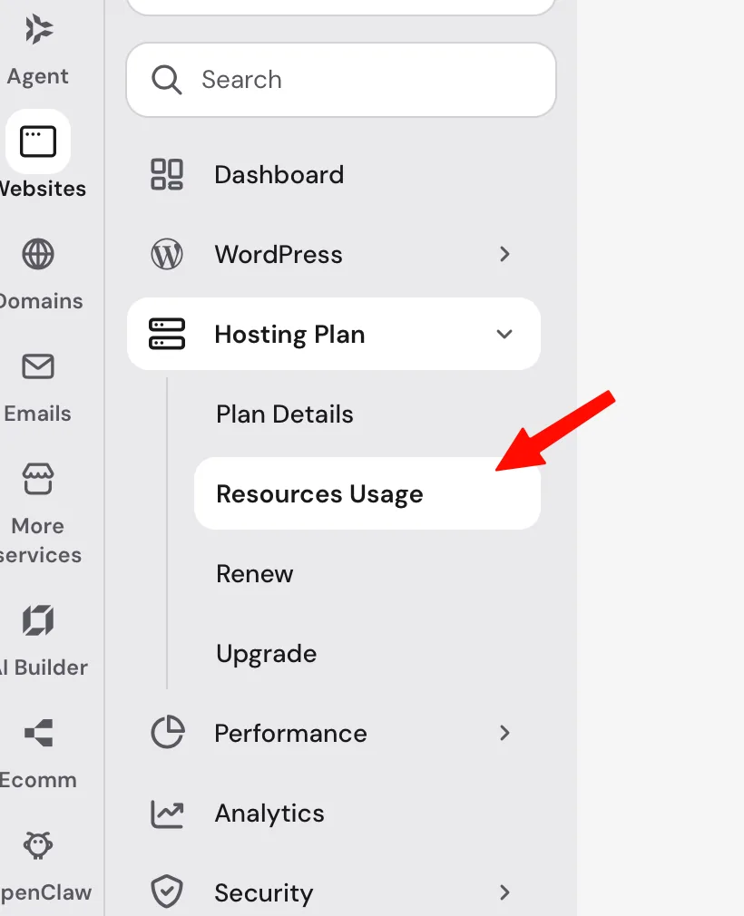 Hostinger网站左侧菜单Hosting Plan下的Resources Usage入口