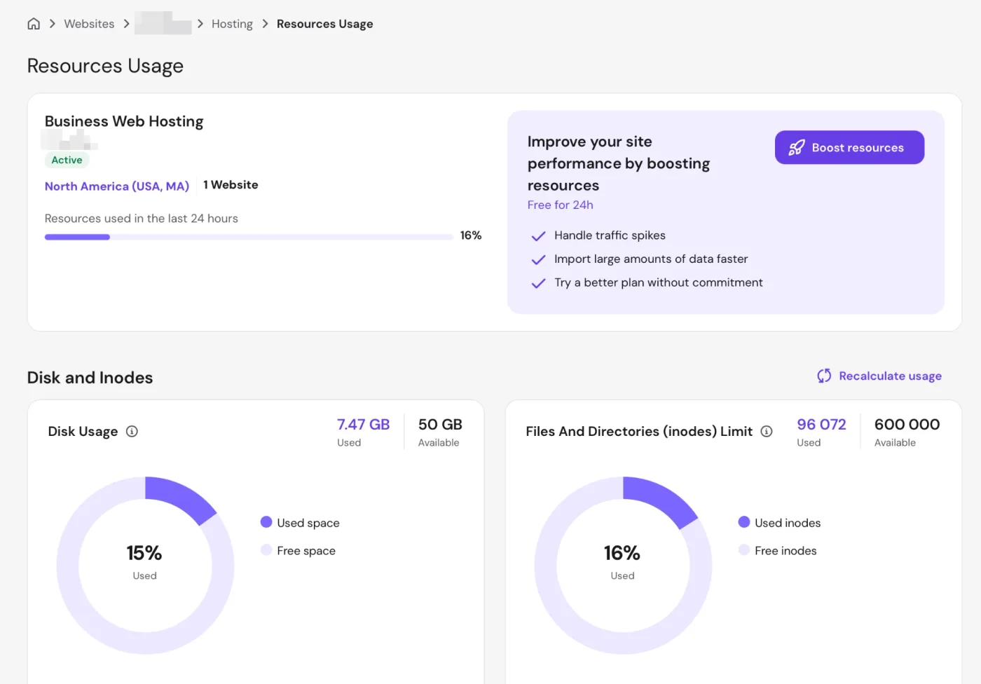 Hostinger的Resources Usage页面，顶部是套餐信息和24小时资源使用率，下方是磁盘和inodes用量