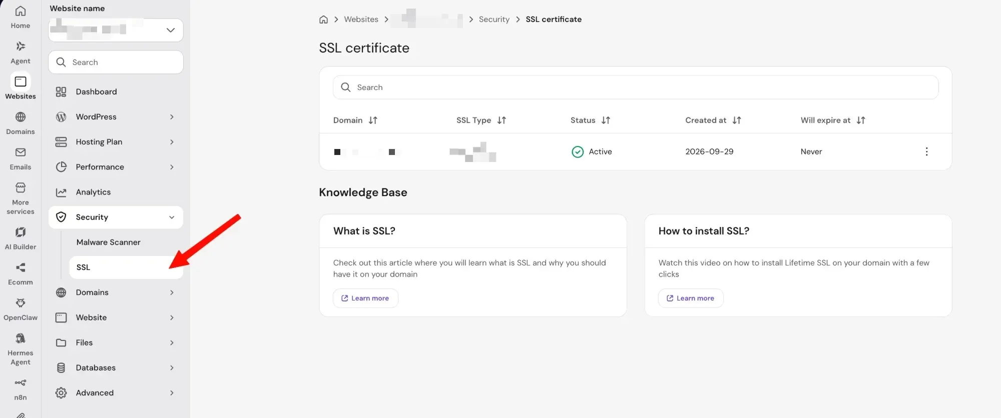 Hostinger网站Security→SSL页面，域名后面的状态显示Active，证书已安装