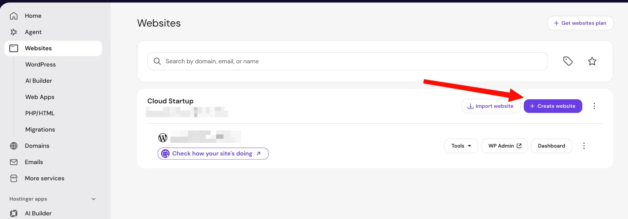 hPanel的Websites页面，右上方的Create website按钮