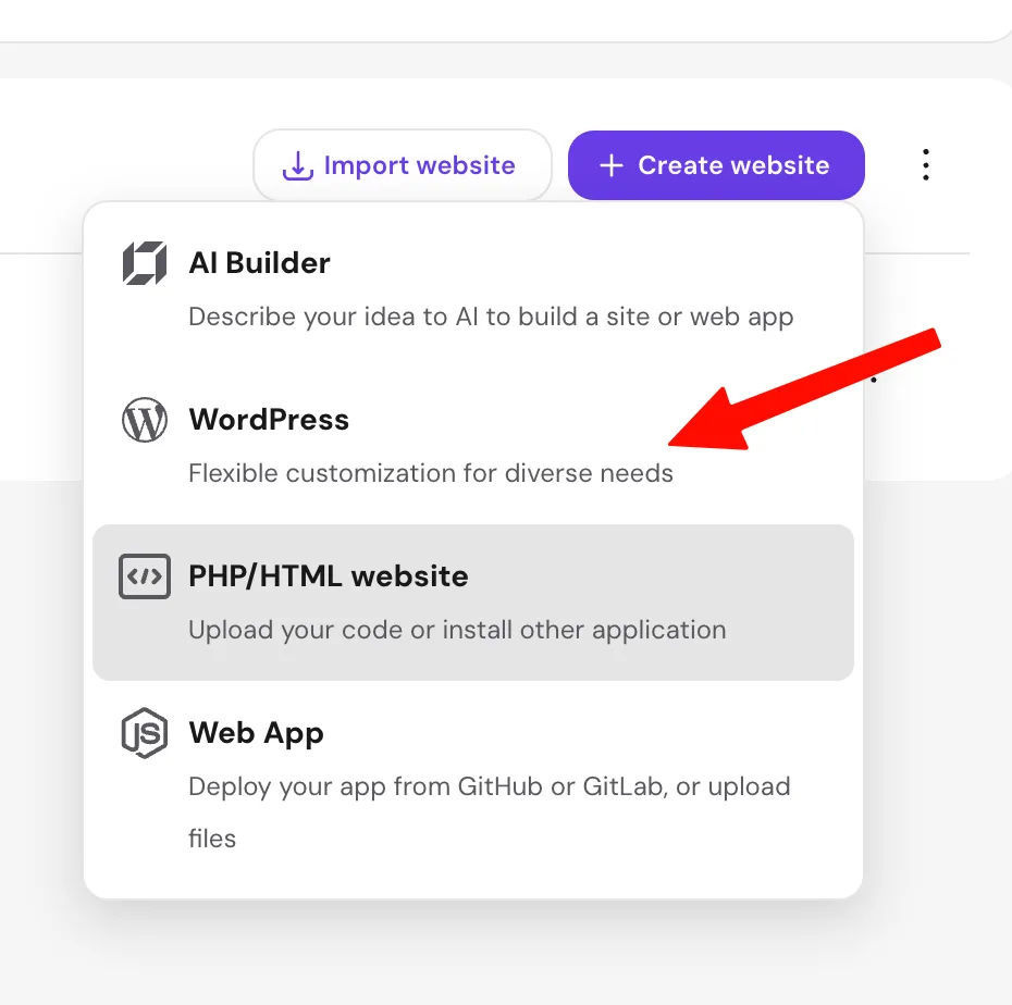 Create website弹出菜单，包含AI Builder、WordPress、PHP/HTML website和Web App，选择WordPress