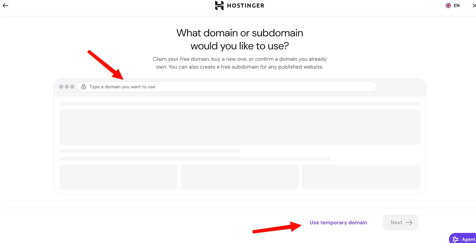 Hostinger建站向导的What domain or subdomain would you like to use页面，输入域名或点击Use temporary domain