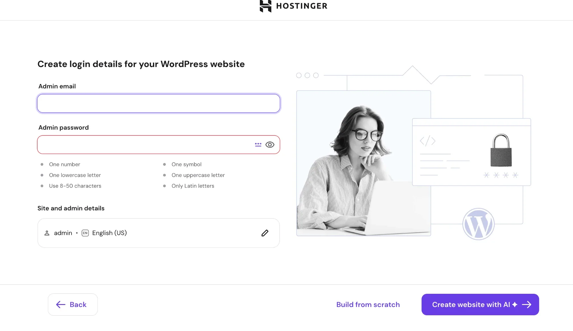 Hostinger的Create login details for your WordPress website页面，填写Admin email和Admin password