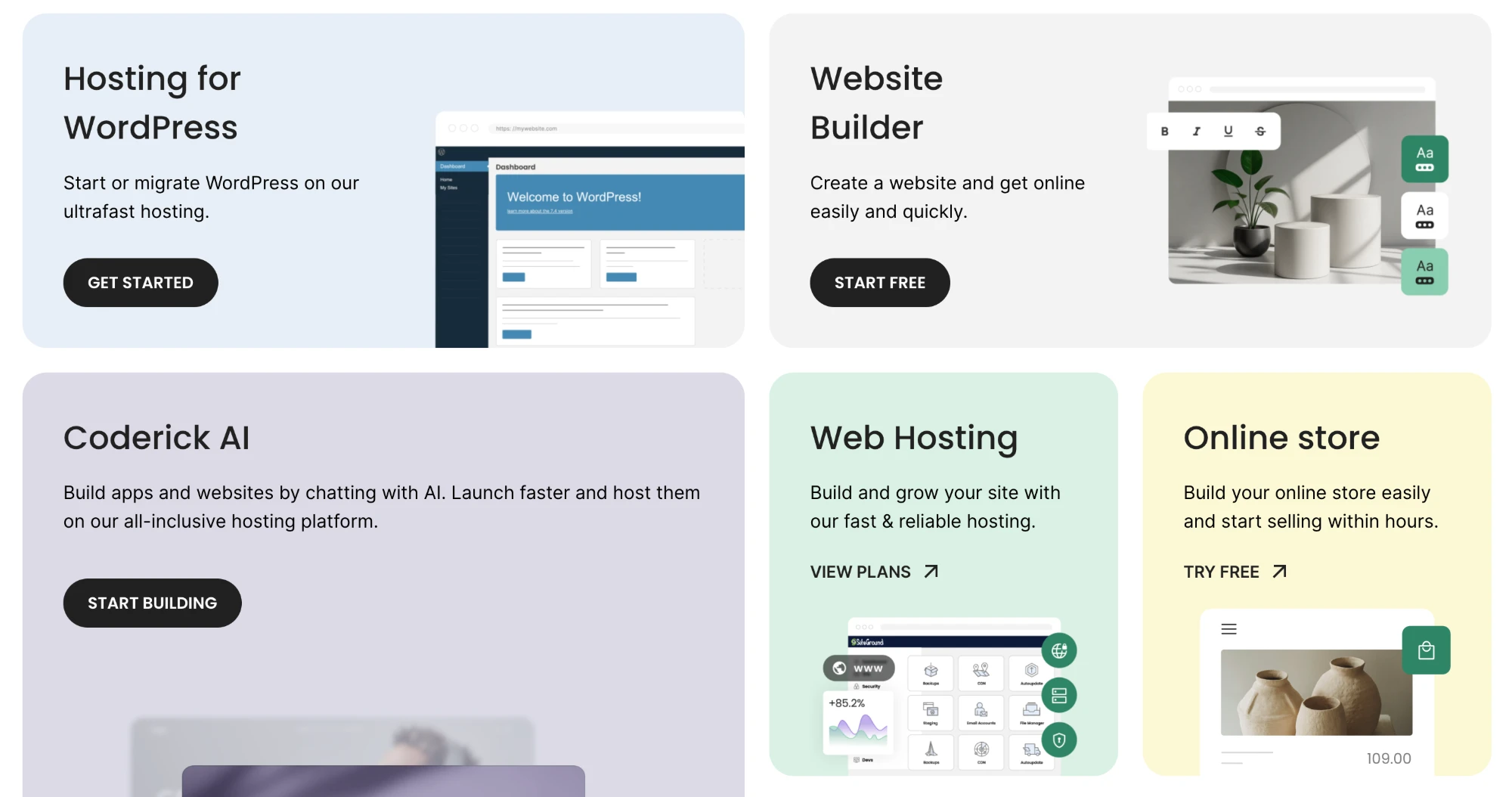 SiteGround的主机产品类型 SiteGround的三类主机产品:Web Hosting、WordPress Hosting和WooCommerce Hosting