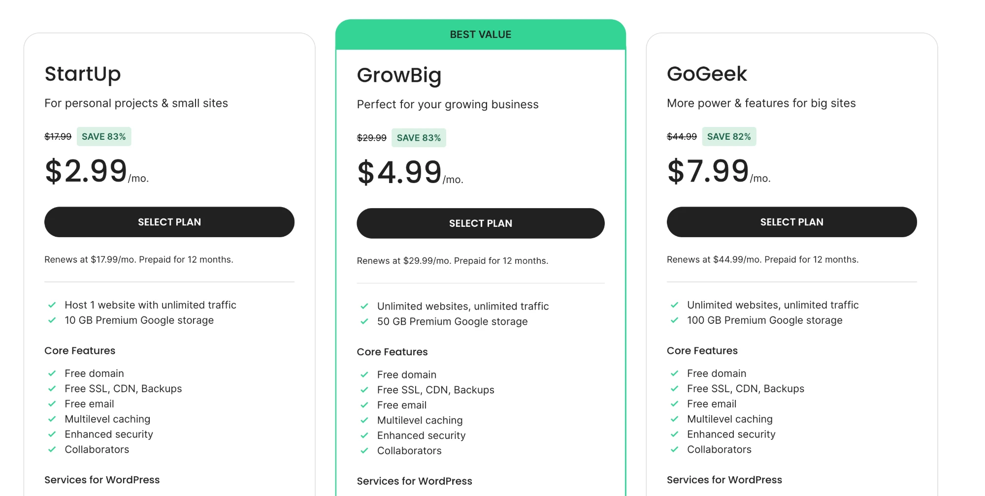 SiteGround三个套餐的价格 SiteGround官网三个主机套餐StartUp、GrowBig和GoGeek的价格