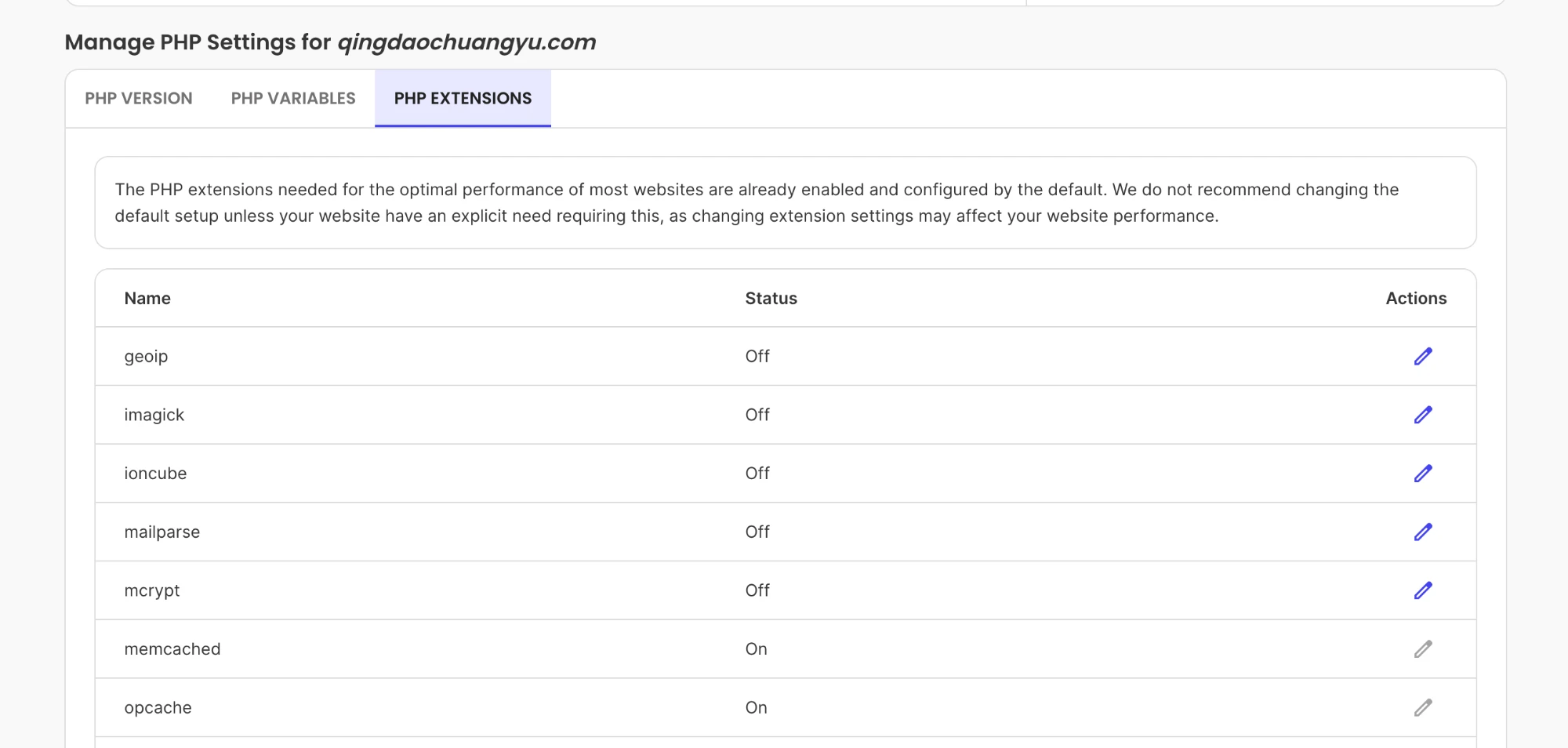 SiteGround的PHP Extensions SiteGround PHP Manager的PHP Extensions标签页,列出各个PHP扩展的开关状态