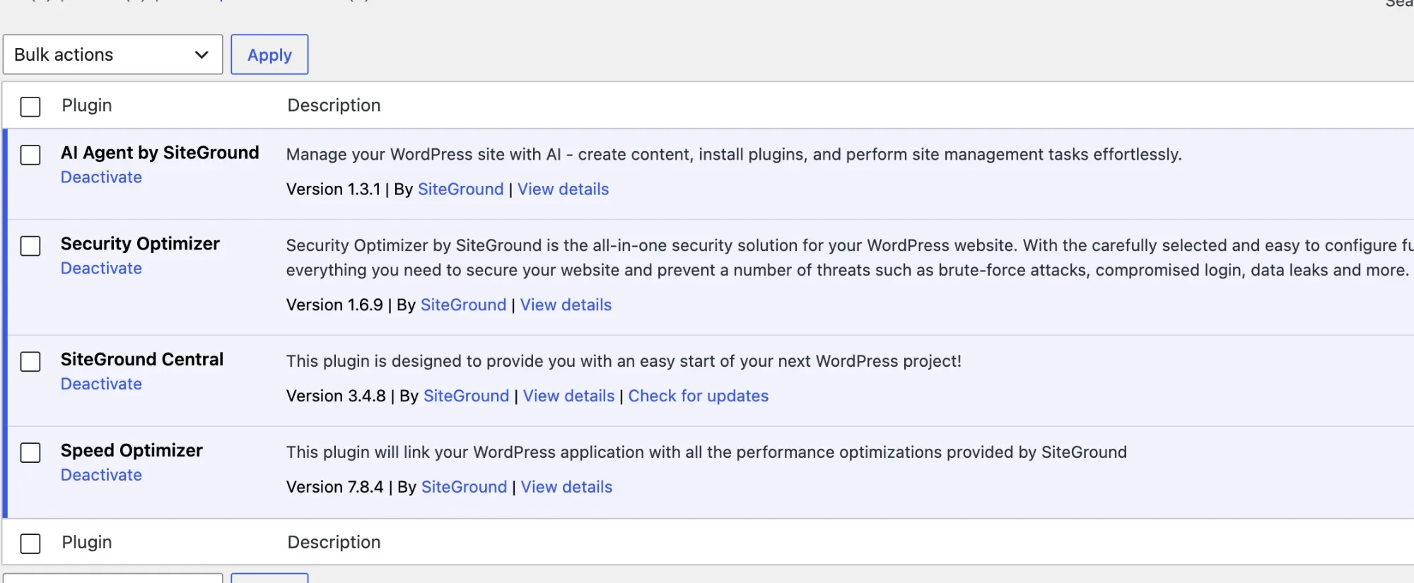 WordPress插件列表里的Speed Optimizer WordPress插件列表里SiteGround的插件,包括AI Agent、Security Optimizer、SiteGround Central和Speed Optimizer