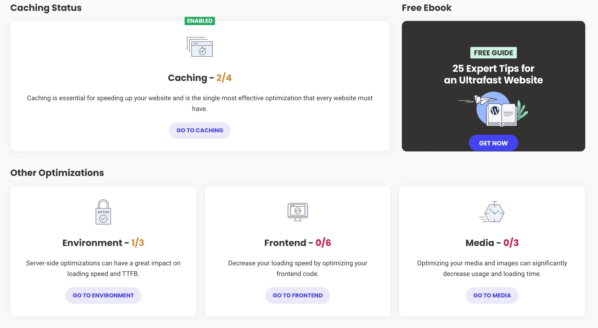 Speed Optimizer控制面板 Speed Optimizer的Dashboard,显示Caching、Environment、Frontend、Media四类优化已开启的数量