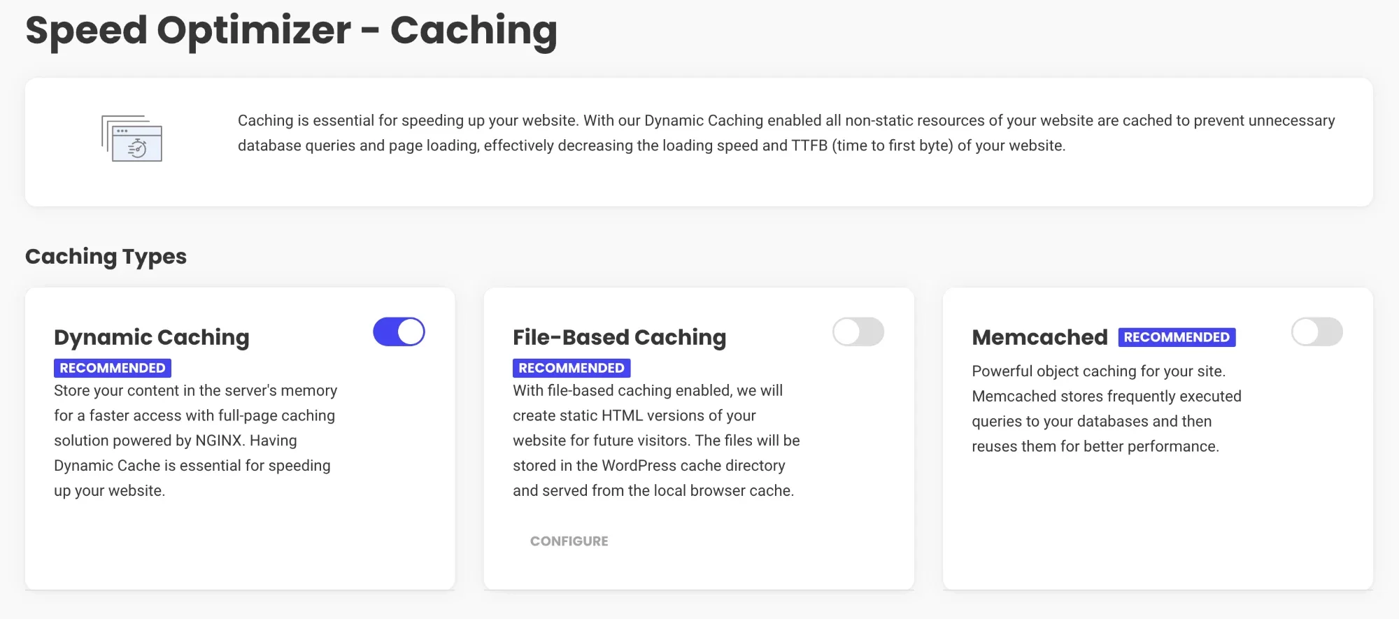 Speed Optimizer缓存设置 Speed Optimizer的Caching页面,Dynamic Caching、File-Based Caching和Memcached三种缓存开关