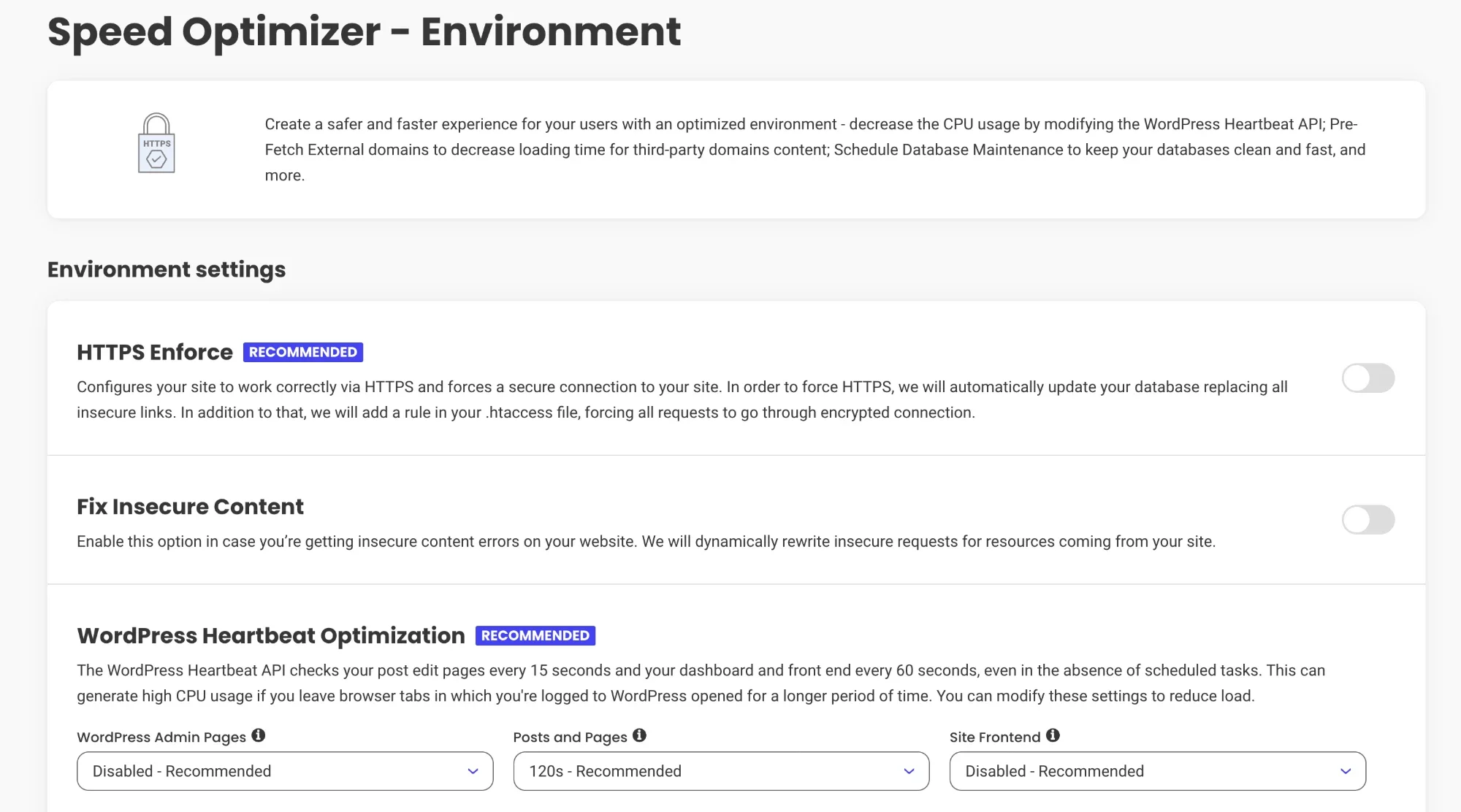 Speed Optimizer环境设置 Speed Optimizer的Environment页面,HTTPS Enforce、Fix Insecure Content和WordPress Heartbeat Optimization设置