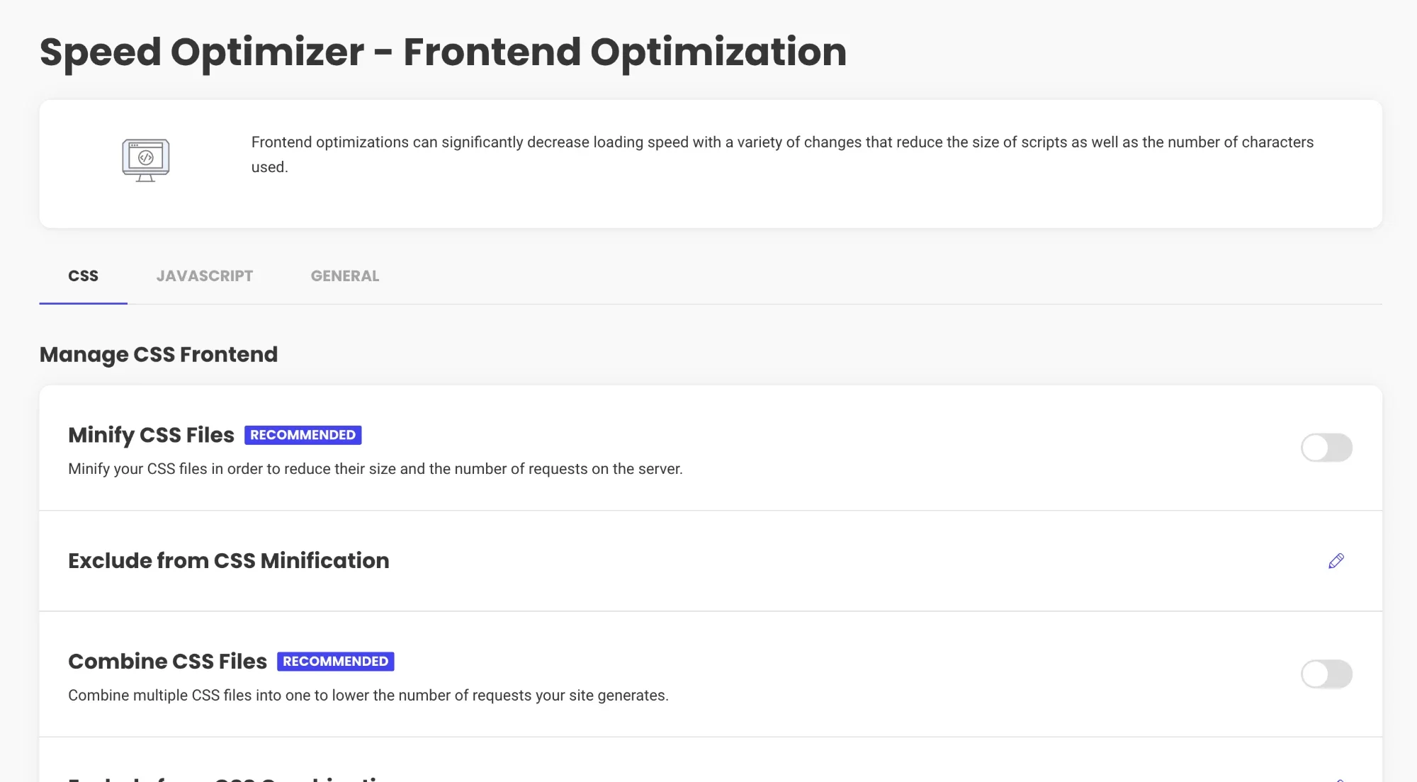 Speed Optimizer前端优化设置 Speed Optimizer的Frontend Optimization页面,CSS标签下的Minify CSS Files和Combine CSS Files开关