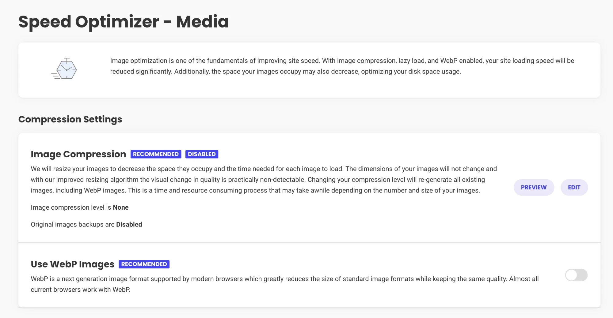 Speed Optimizer媒体优化设置 Speed Optimizer的Media页面,Image Compression图片压缩和Use WebP Images设置