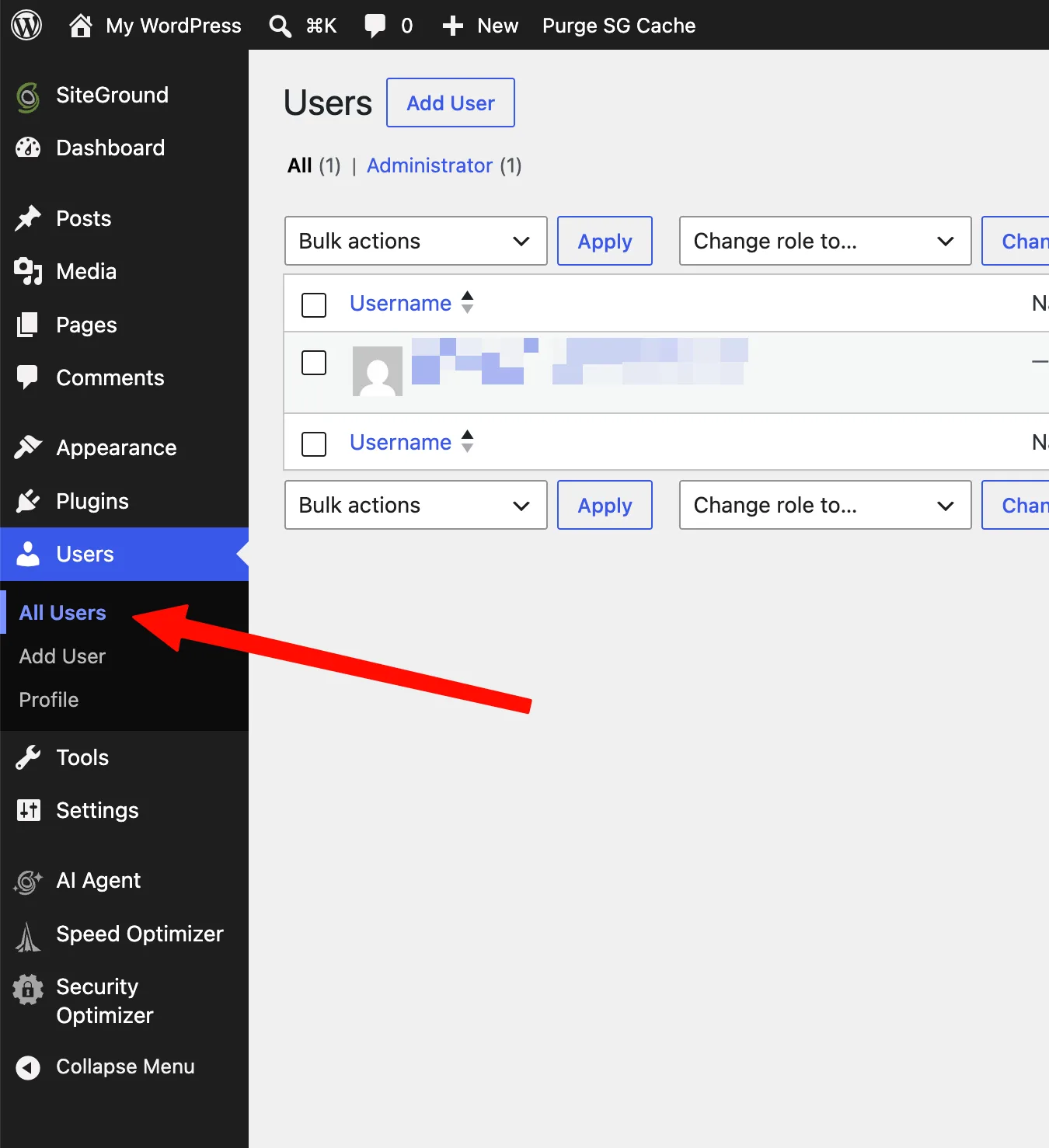 在All Users里查看WordPress用户名 WordPress后台Users→All Users用户列表,Username一列就是登录用户名