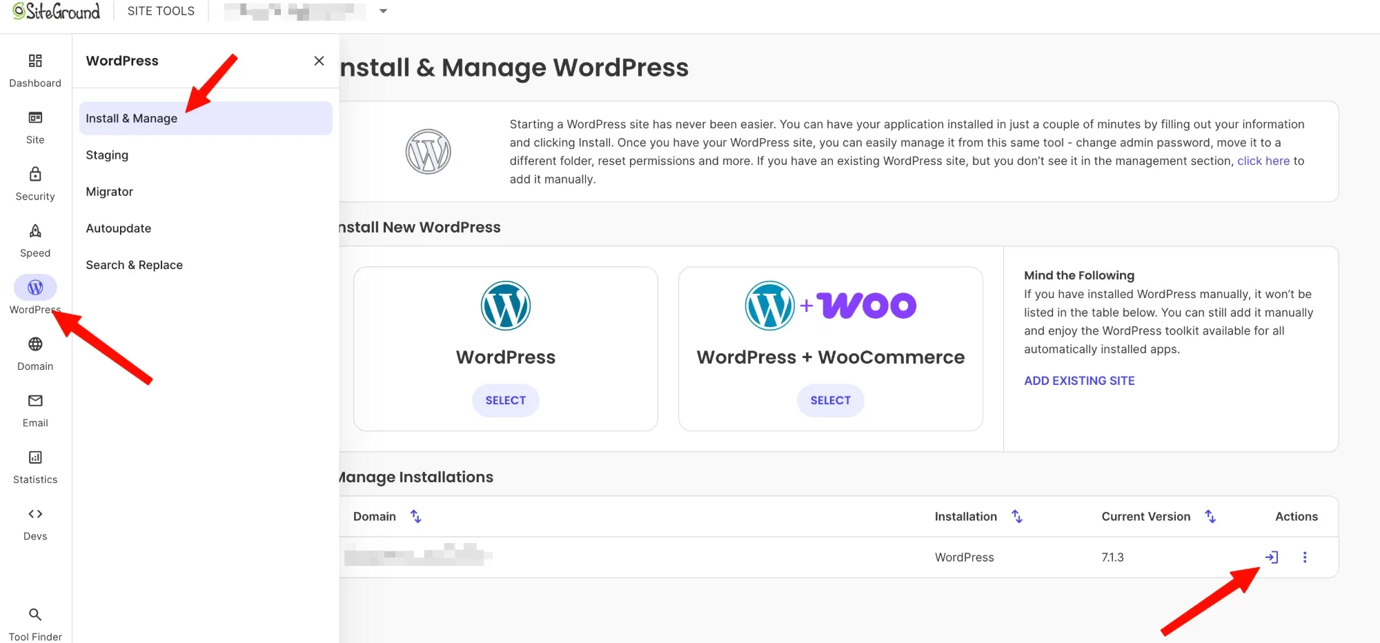 SiteGround免密码登录WordPress后台 SiteGround Site Tools的WordPress→Install & Manage页面,Manage Installations列表右侧的登录图标